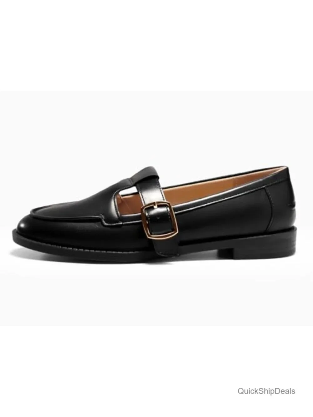 Women's Faux Leather T-Strap Loafers Slip On Round Toe Comfort Flat Heel Work